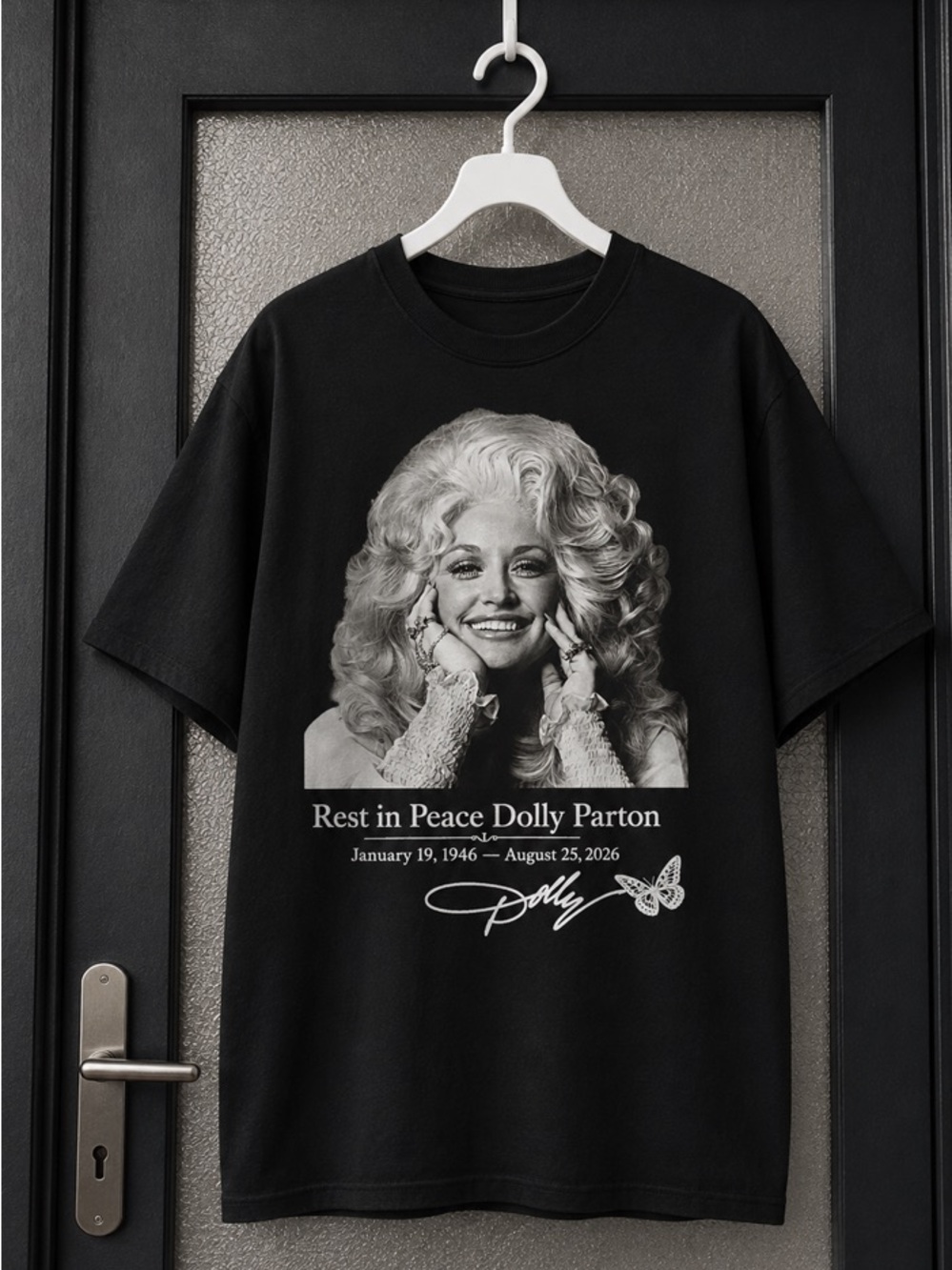 Rip Dolly Parton Black Memorial T-Shirt With Signature